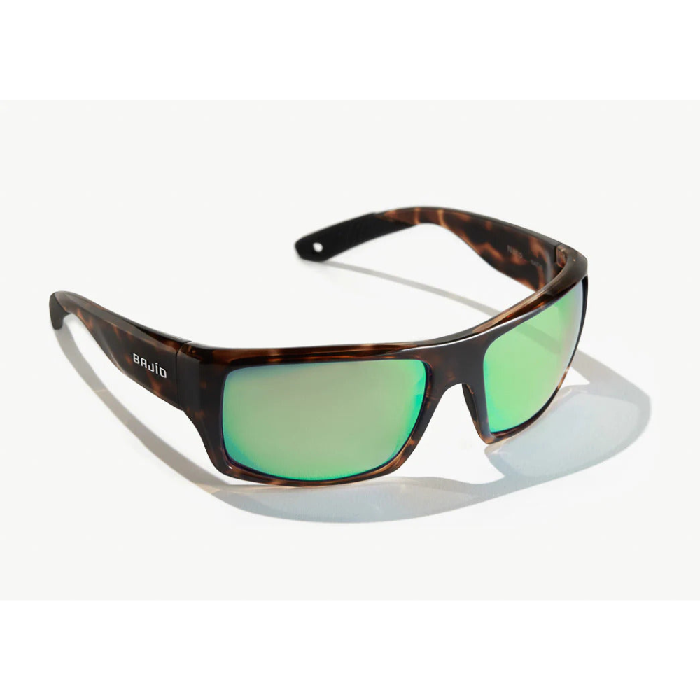 Brown tortoise shell sunglasses with green reflective lenses
