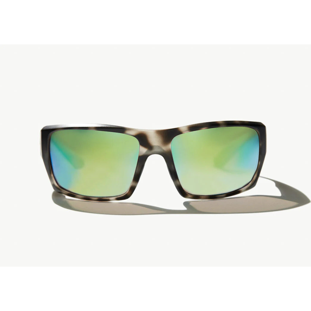 Grey tortoise shell sunglasses with green mirrored lenses