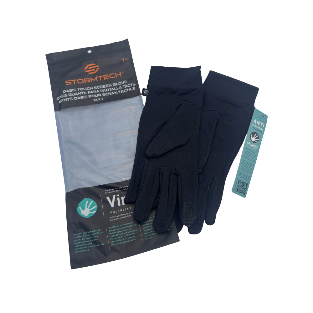 A pair of black touch screen gloves beside their packaging.