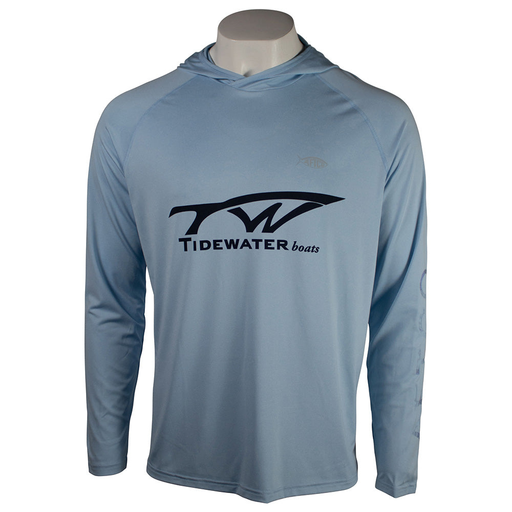 Light blue long-sleeve hoodie with Tidewater Boats logo on the front.