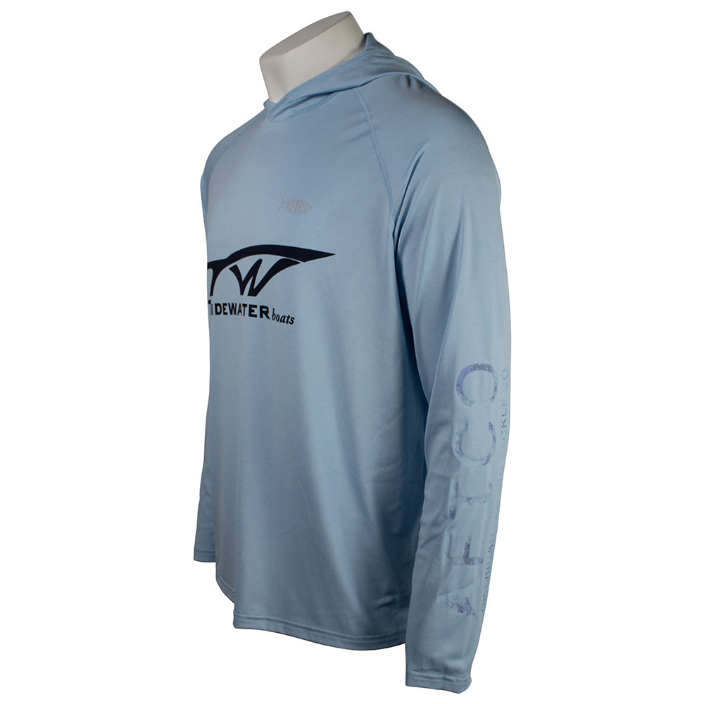 Light blue long-sleeve hoodie with a tidewater logo on the front and an aftco logo on the sleeve.