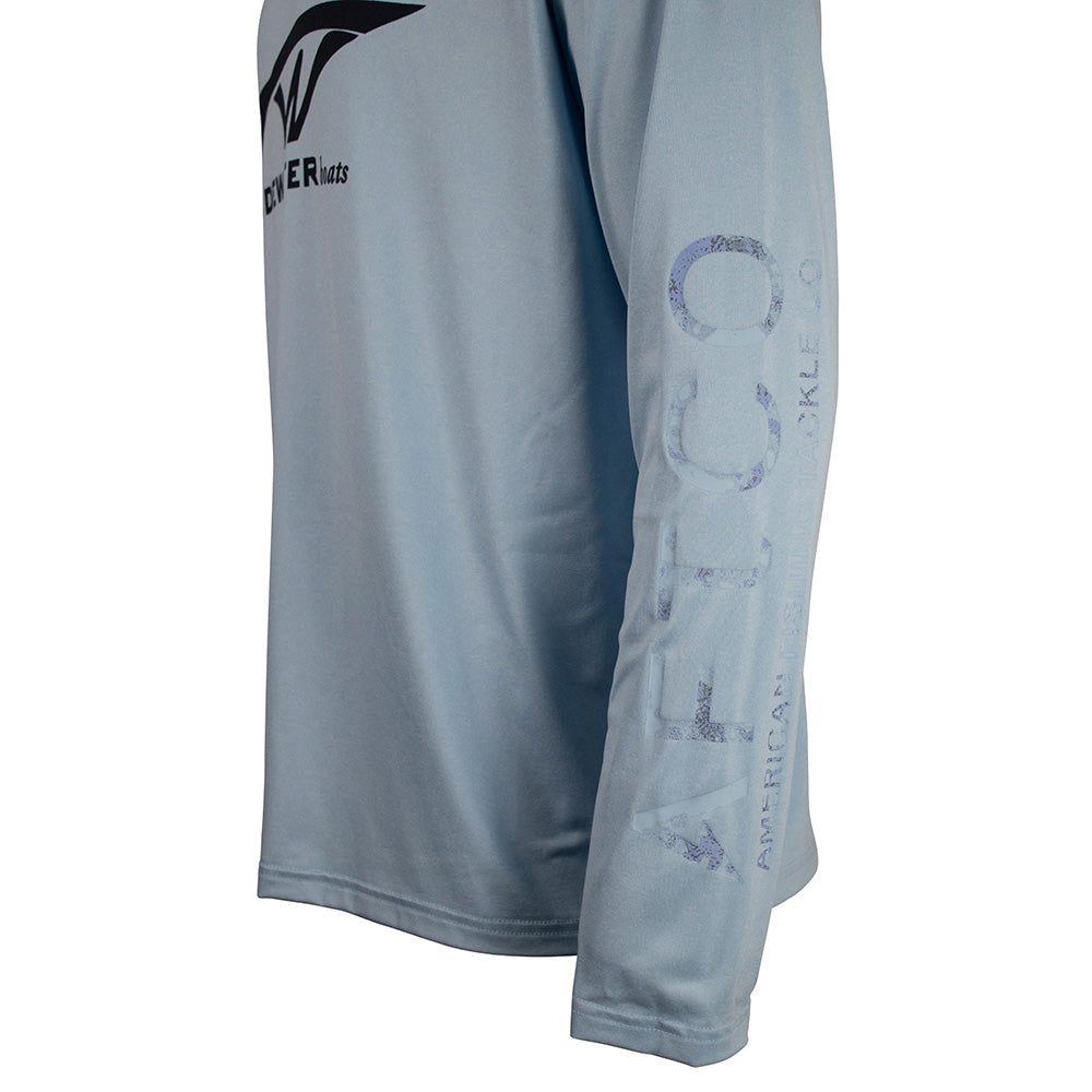 Light blue long-sleeve shirt with an aftco logo on the sleeve.