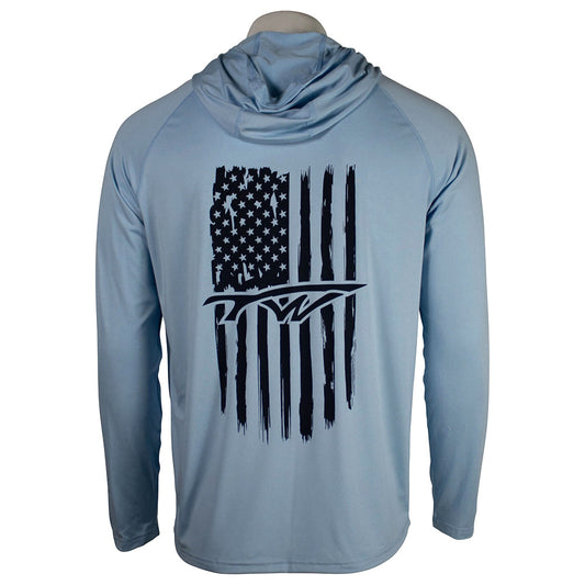 Light blue long-sleeve hoodie featuring a distressed American flag design and a tidewater logo on the back.