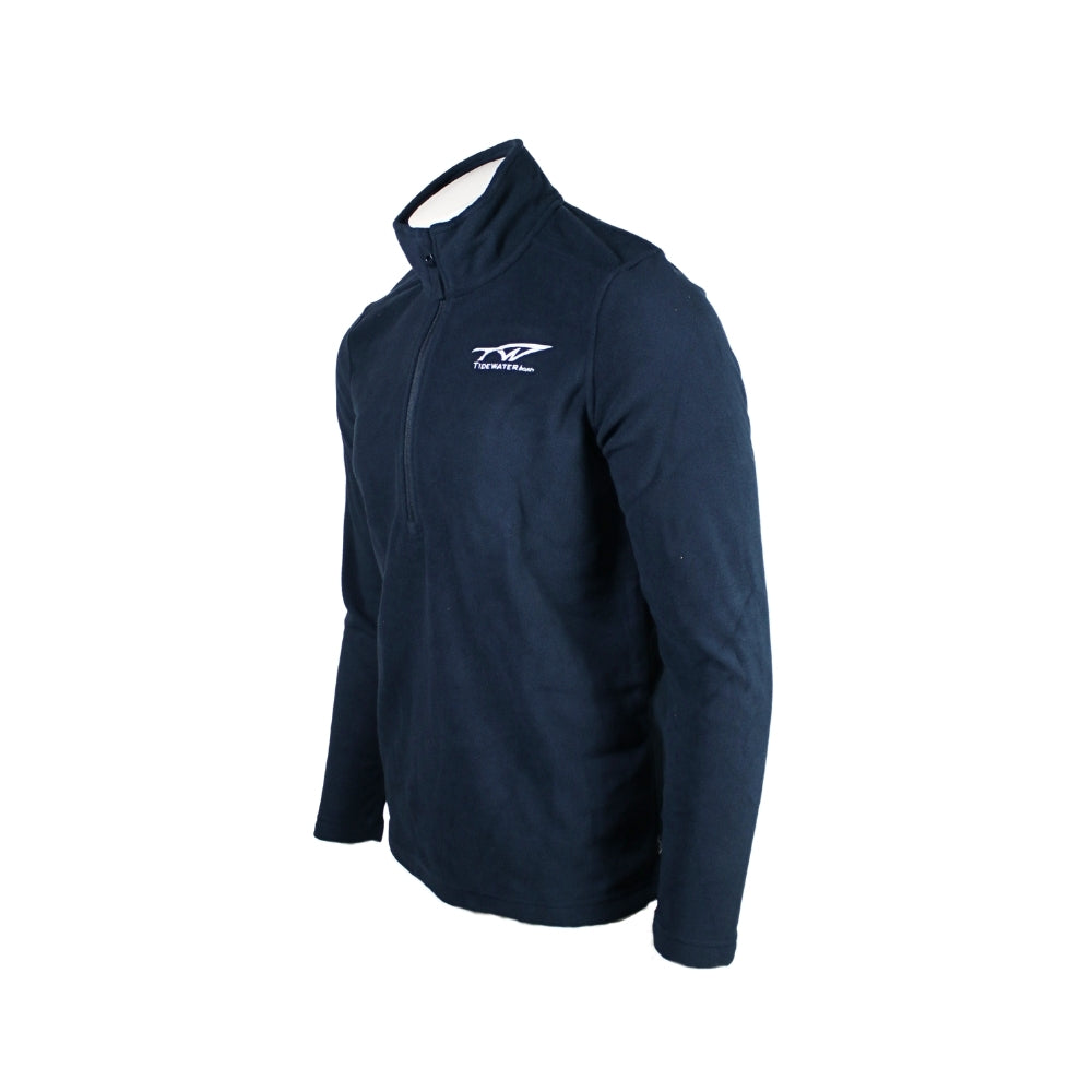 Navy blue fleece pullover with a quarter-zip and a white tidewater logo on the left chest.