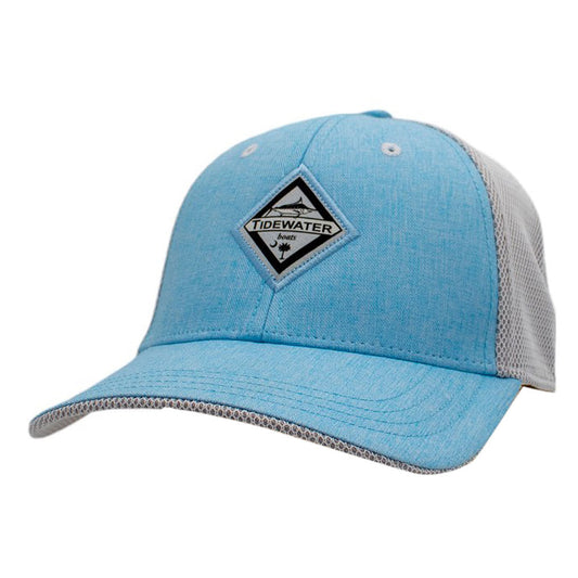 Light blue cap with a grey mesh back and a black diamond Tidewater logo patch.