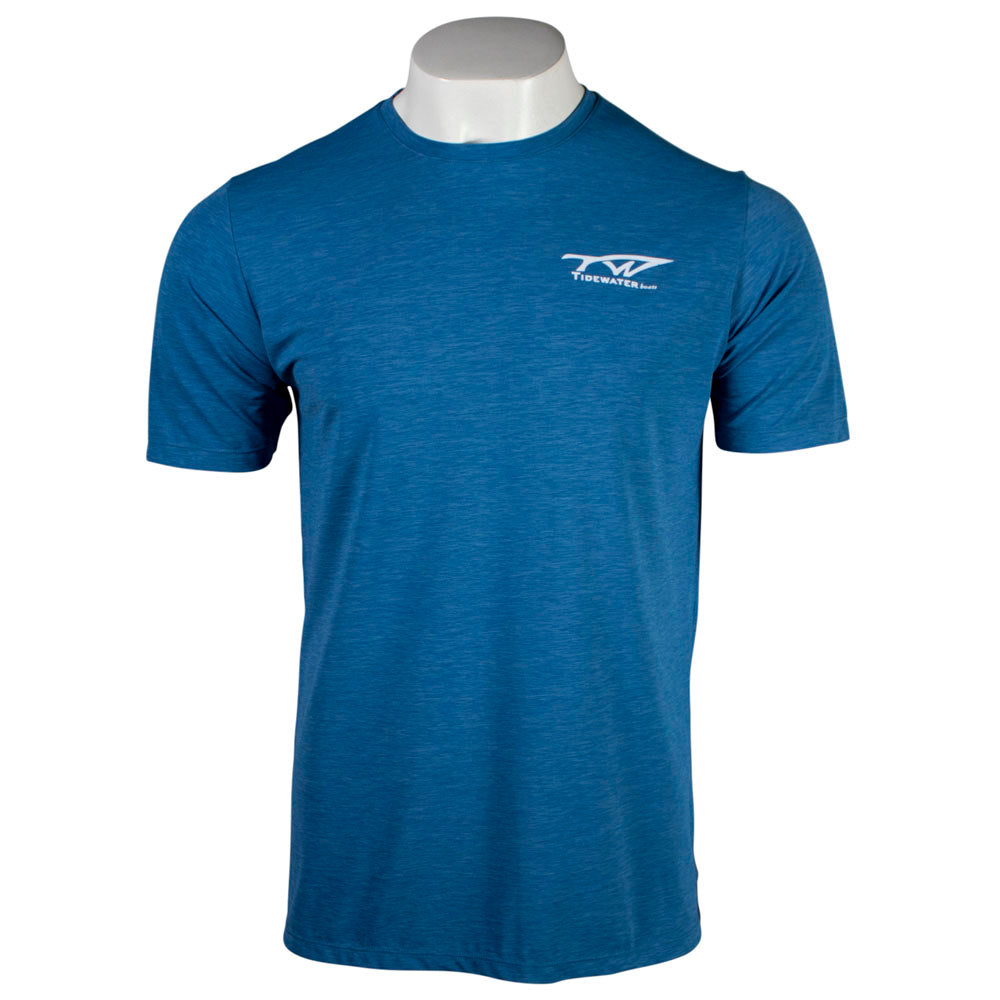 Blue short-sleeve t-shirt with a tidewater logo on the left chest.