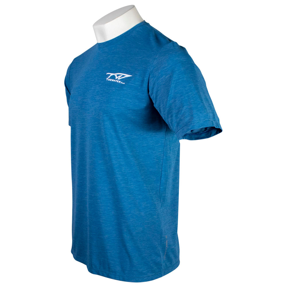 A blue short-sleeve t-shirt with a tidewater logo on it.