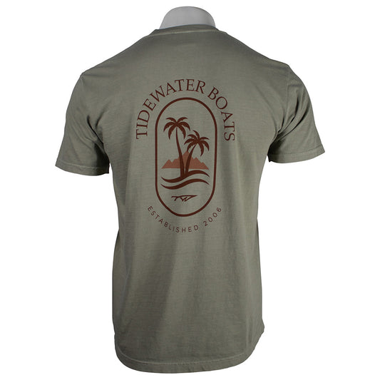 Back view of a green shirt featuring a graphic of brown palm trees and the text 'Tidewater Boats, Established 2006.'