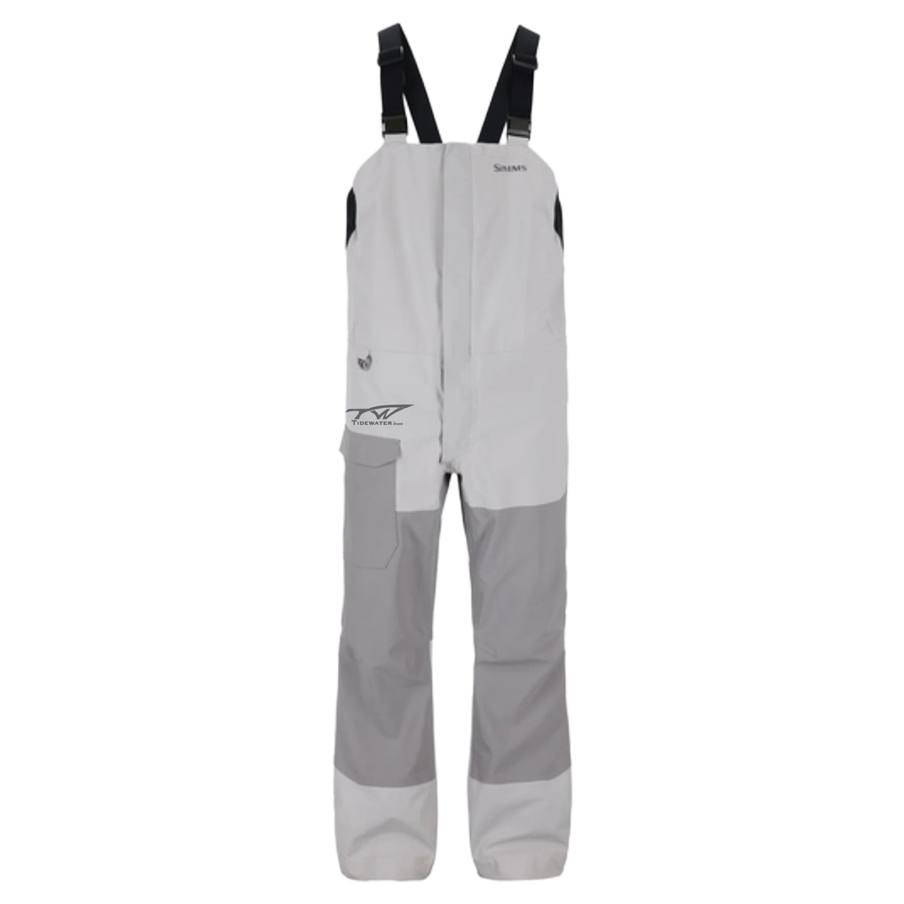 Two-toned grey fishing bibs with black adjustable straps and a leg pocket, featuring a tidewater logo on the hip.