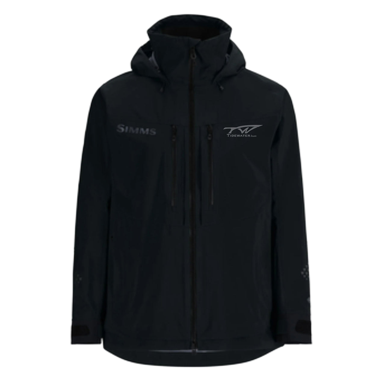 Black fishing jacket with a frotn zipper, two chest pockets, and grey logos on the chest.
