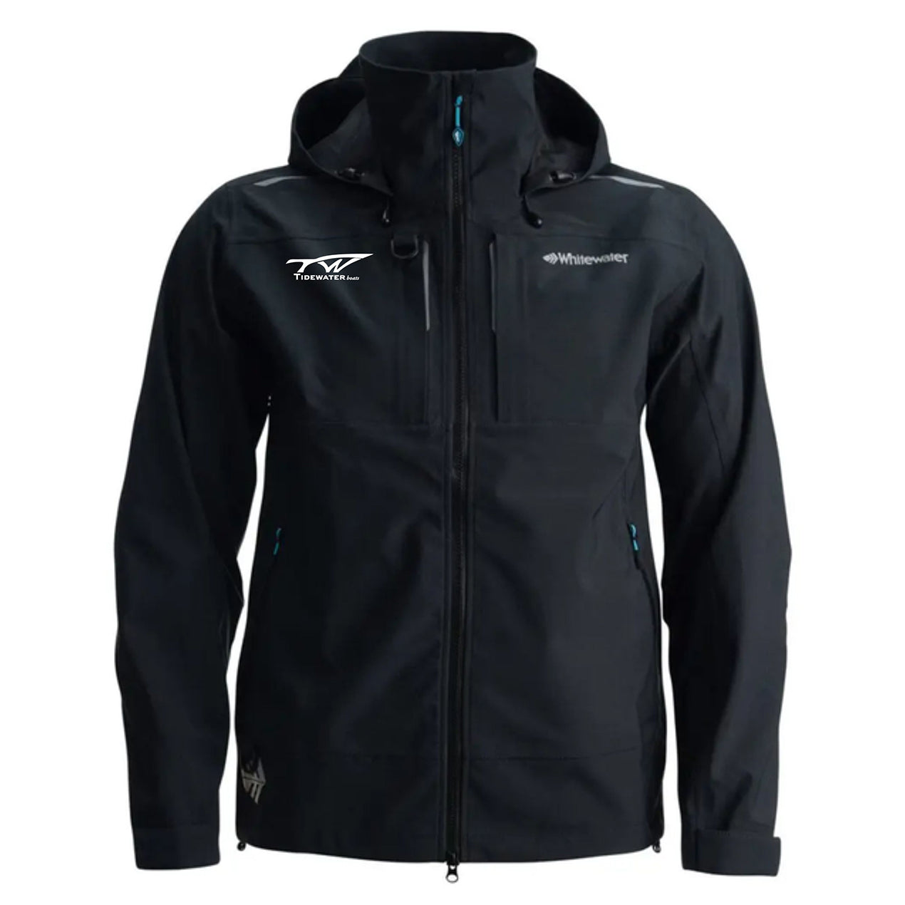 Black fishing jacket with a zippered front, a collar and hood, chest pockets, and white brand logos on the chest.