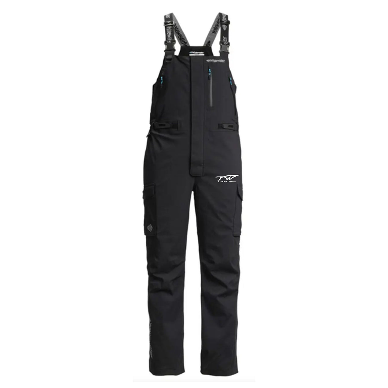 Black fishing bibs with adjustable straps, a long front zipper, multiple pockets, and a small white tidewater logo on one hip.