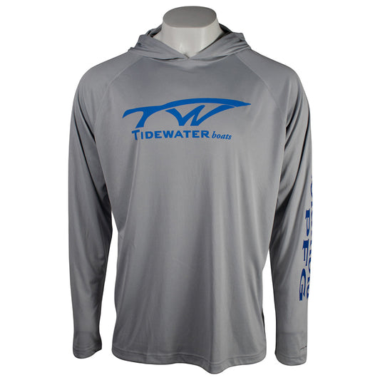 Gray long-sleeve hoodie with the Tidewater Boats logo on the front.