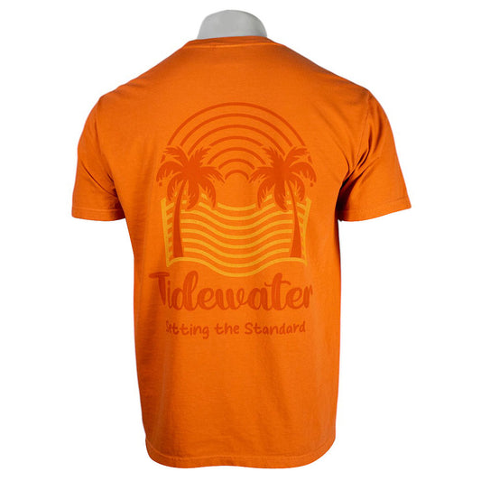 Back view of an orange t-shirt featuring a beach scene with palm trees and the text 'Tidewater - Setting the Standard'.