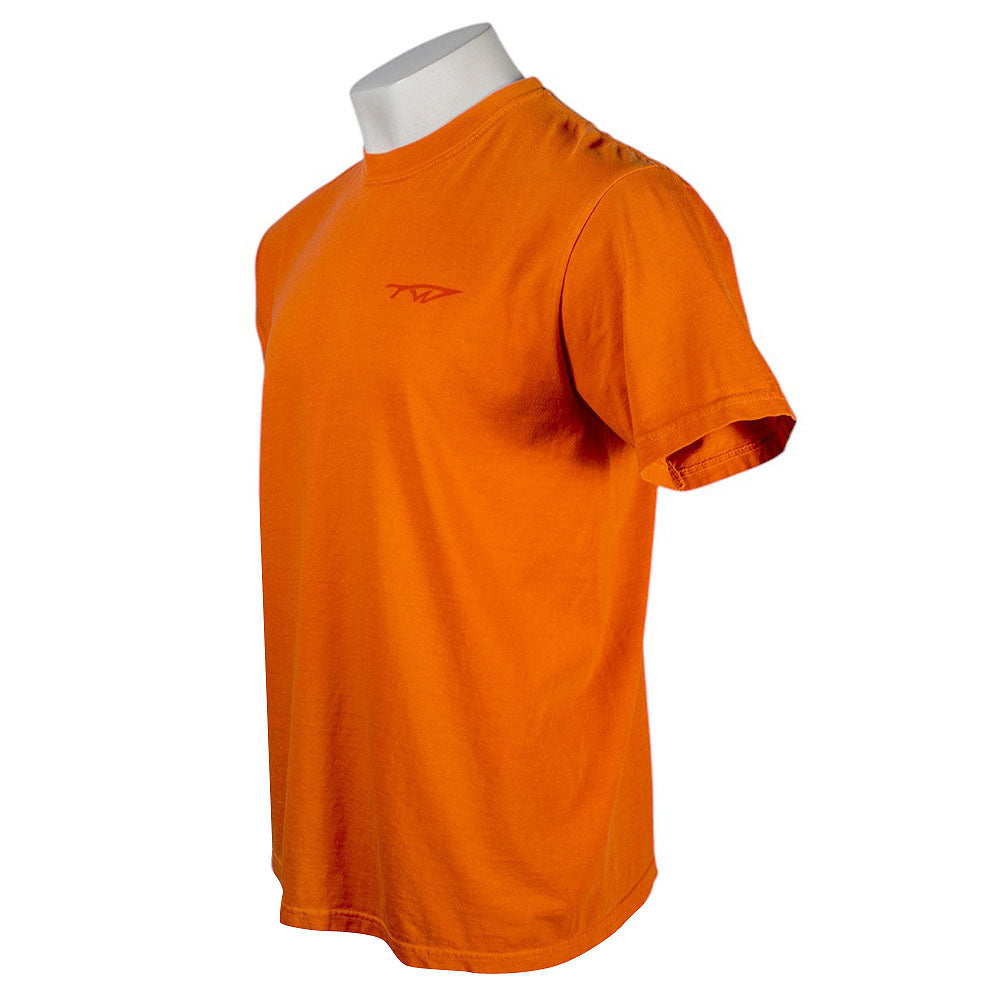 A bright orange short-sleeve t-shirt with a logo on the front.