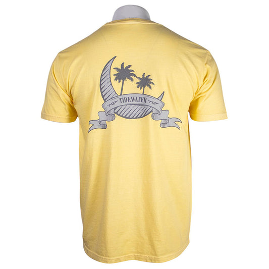 Back view of a yellow t-shirt featuring a graphic with palm trees and a banner that says tidewater.
