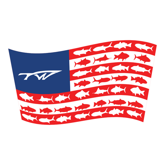 Stylized American flag featuring fish patterns and a tidewater logo.