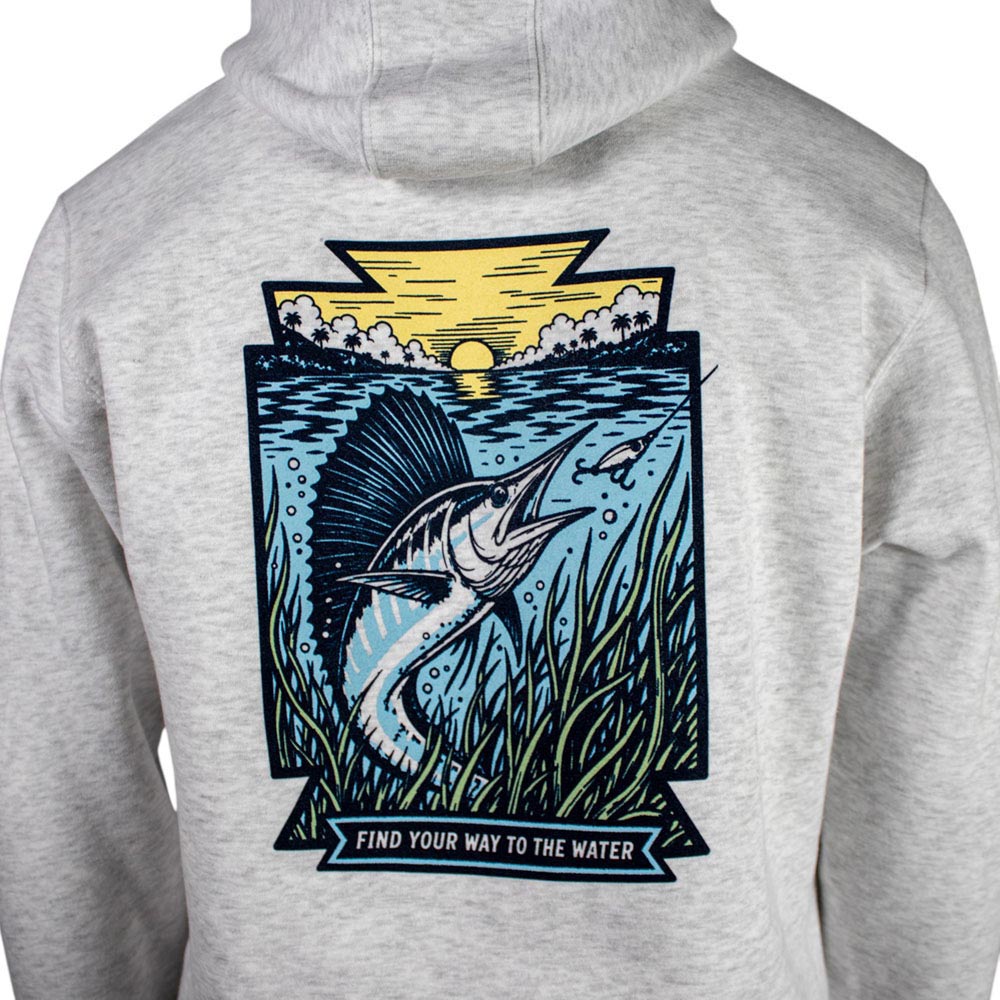 Close-up of a light heather grey hoodie with a rectangular graphic of a fish underwater in sea weed, chasing after a hook.