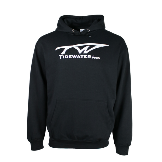 Black hoodie with 'Tidewater' logo on the front