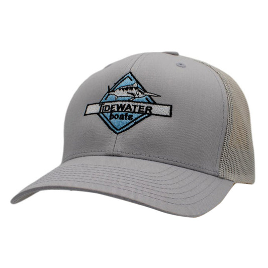 Gray baseball cap with a blue, black, and white 'Tidewater Boats' logo and a mesh back.