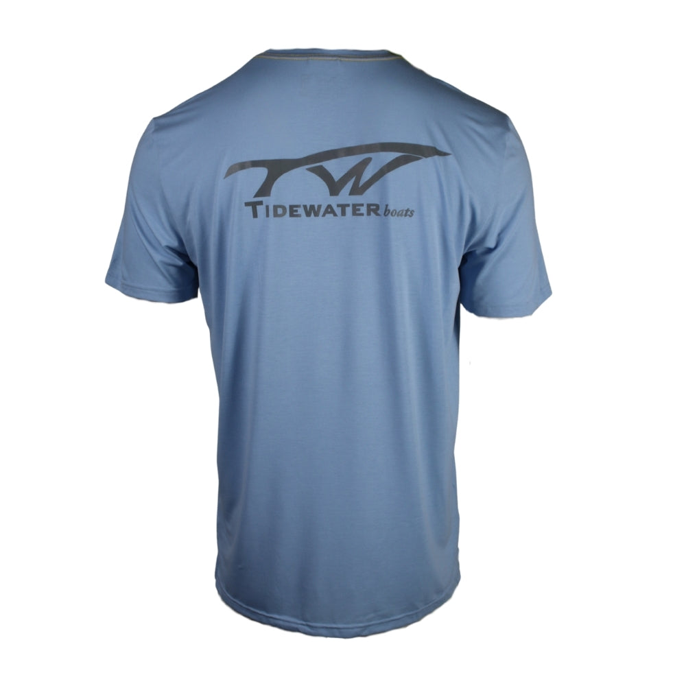 A light blue short-sleeve t-shirt with a camo chest pocket and the tidewater boats logo in grey.