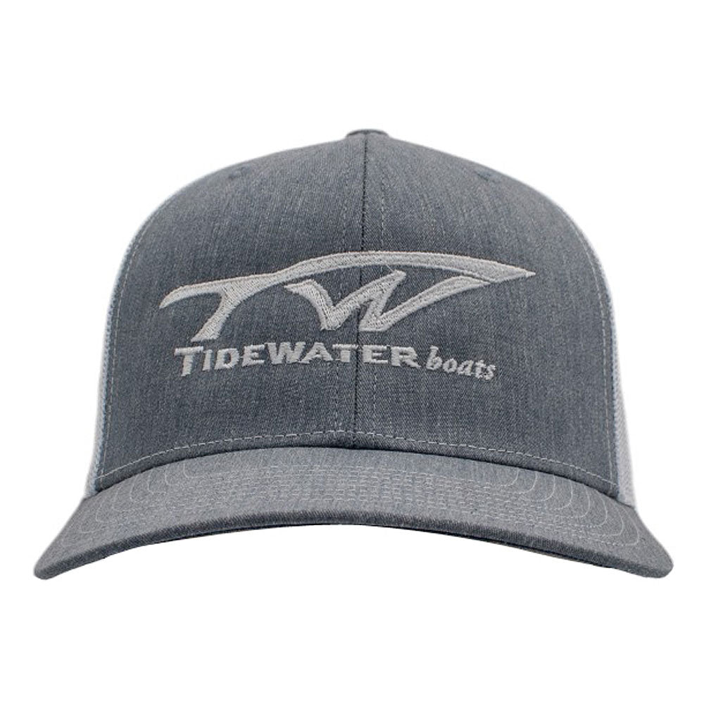 Gray baseball cap with an embroidered Tidewater boats logo