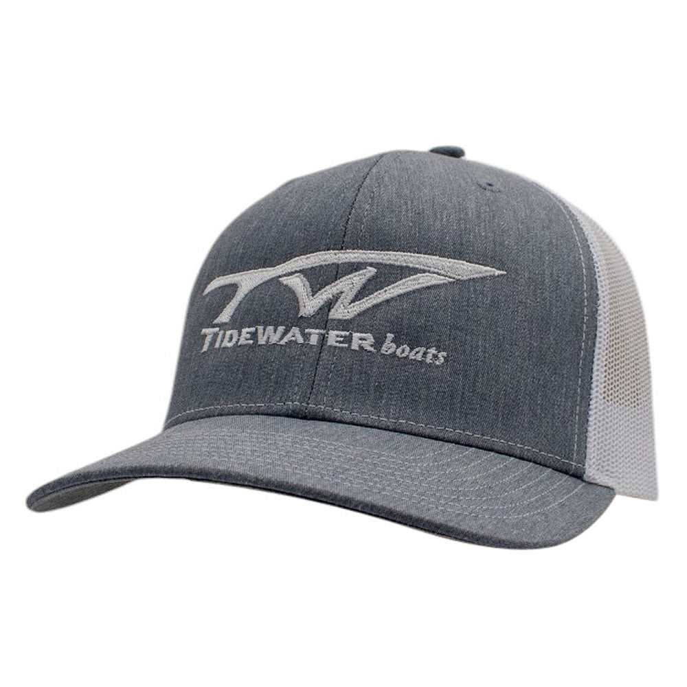 Gray and white baseball cap with a white Tidewater Boats logo across the front.