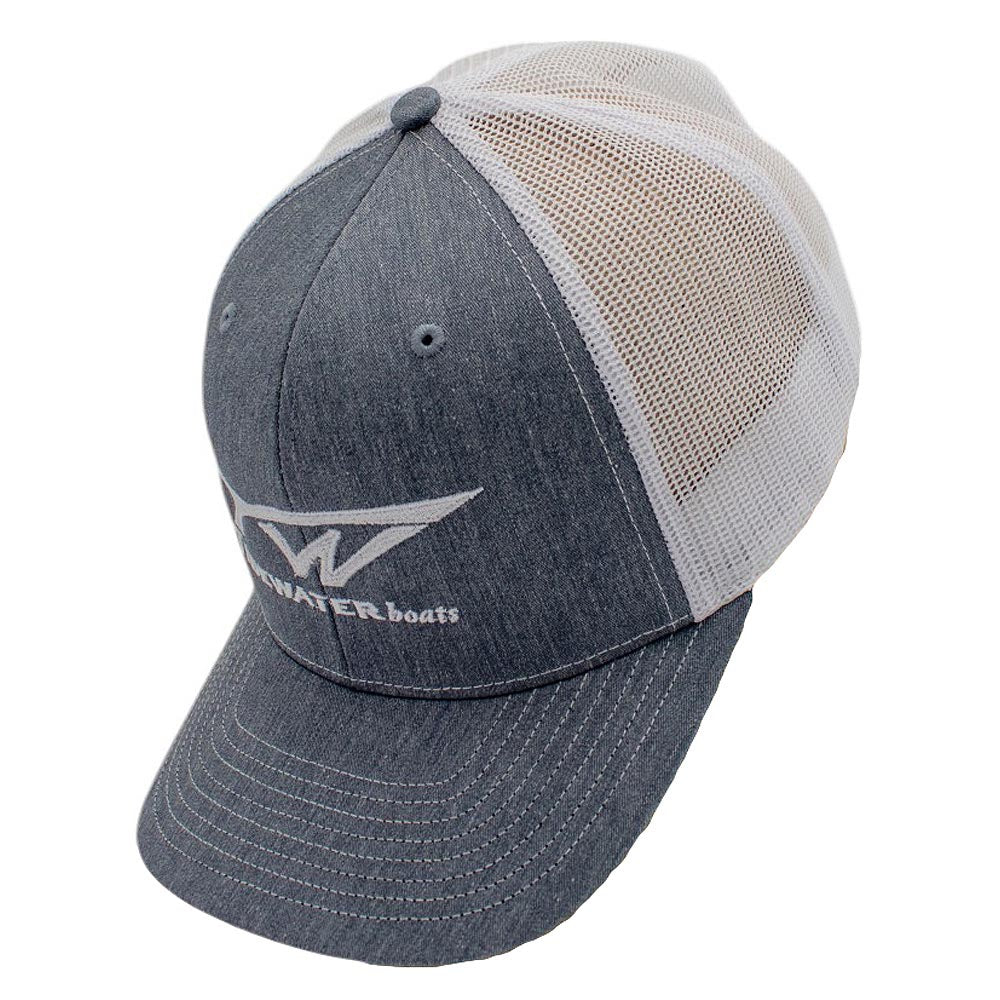 Side of a gray baseball cap with a white mesh back and tidewater logo.