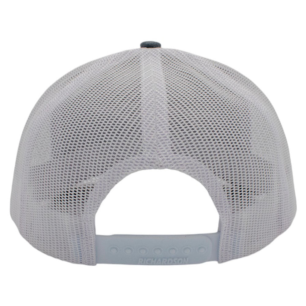 Back view of a white mesh baseball cap with a snapback closure.