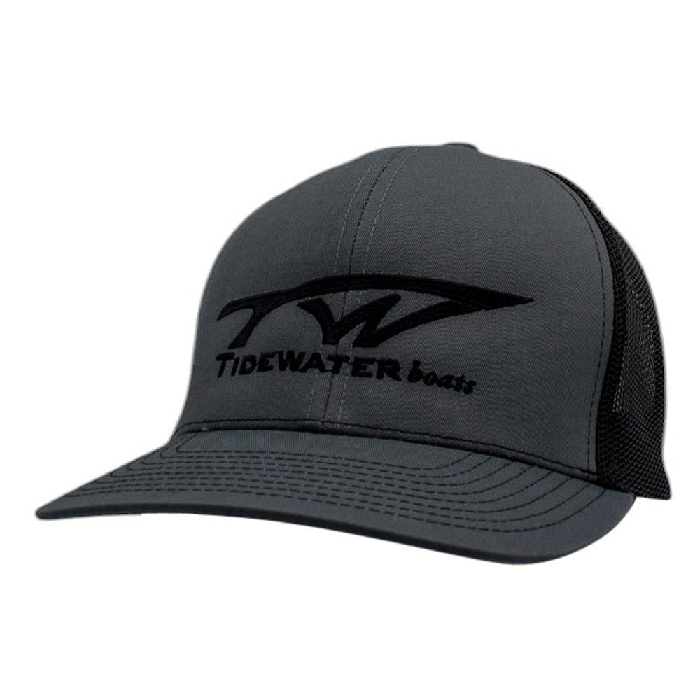 Charcoal gray trucker hat with a black mesh back and Tidewater Boats logo across the front.