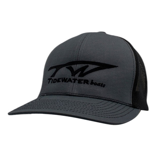 Charcoal gray trucker hat with a black mesh back and Tidewater Boats logo across the front.