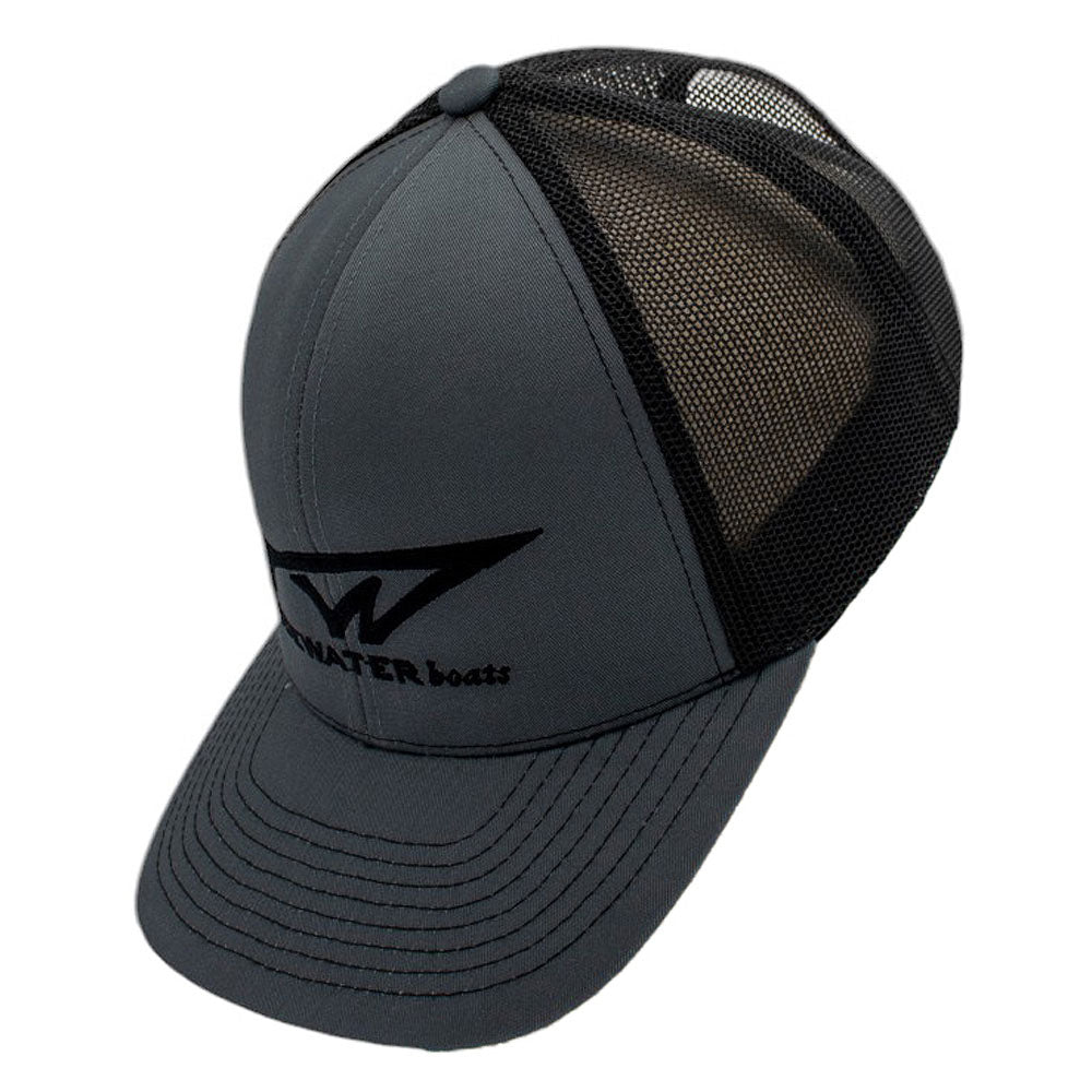 Side of a gray cap with a black mesh back and front logo.