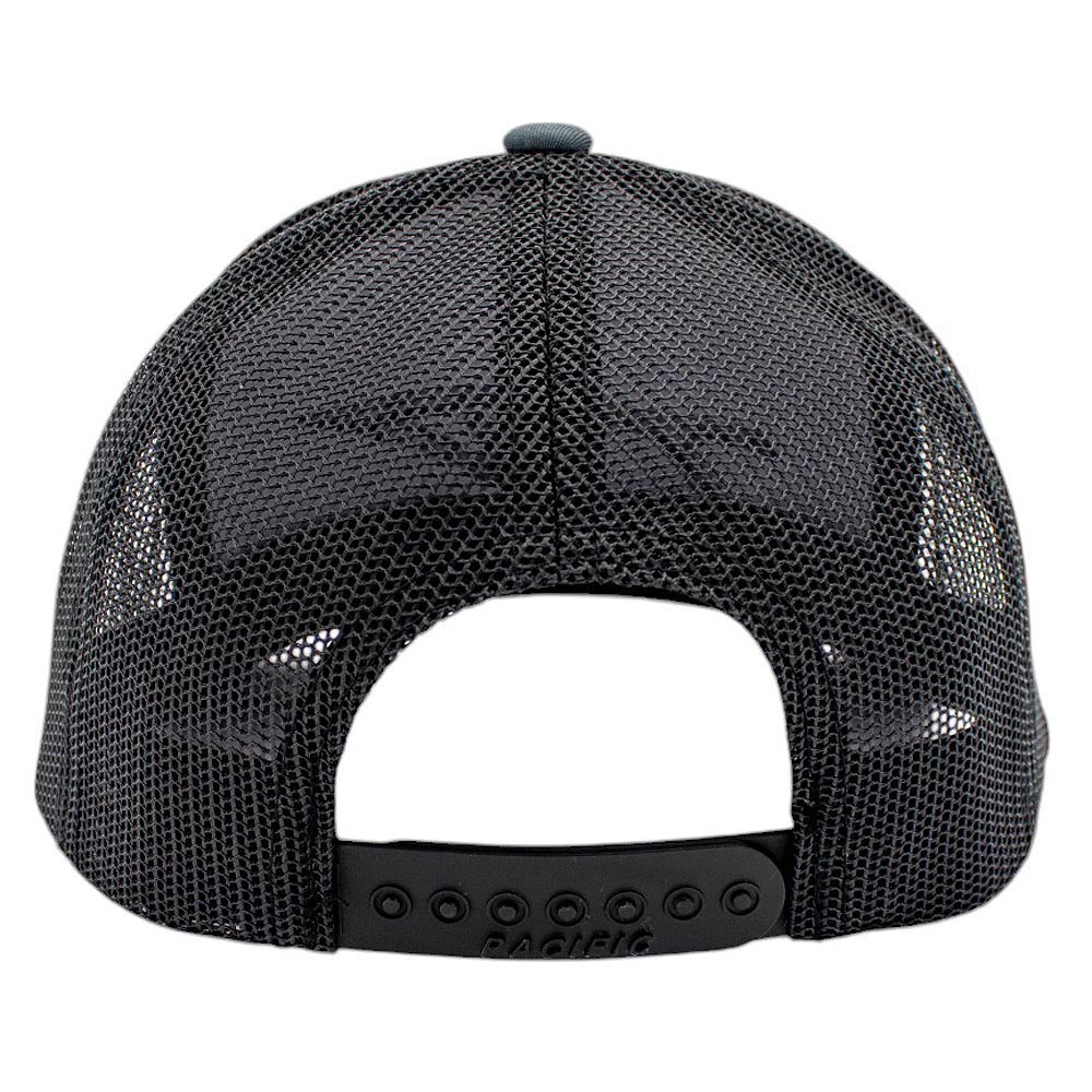 Back view of a black mesh trucker cap with a plastic snapback closure.