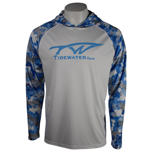 Men's grey long-sleeved hoodie with blue camo sleeves and the 'Tidewater' logo.