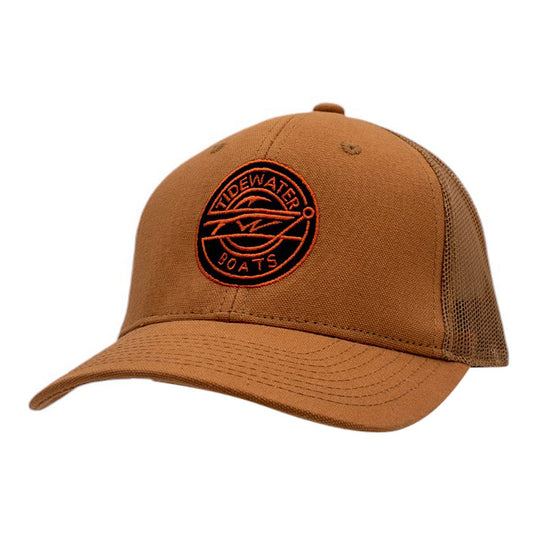 Burnt orange baseball cap with a black and orange 'Tidewater Boats' circular patch.