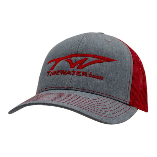 Gray and red baseball cap with a red Tidewater Boats front logo.