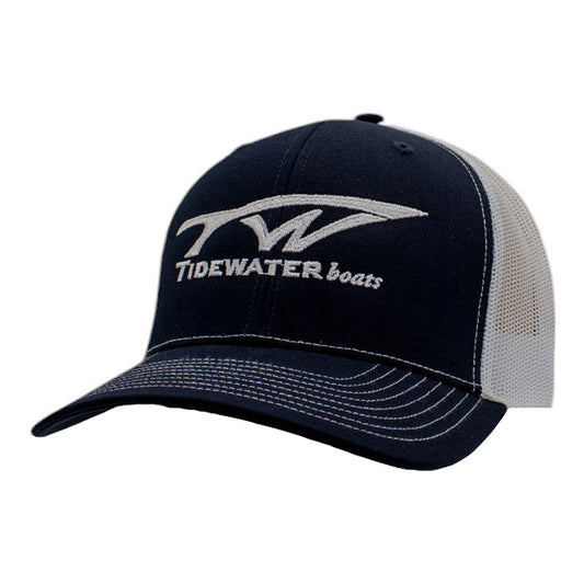 A navy blue and white trucker hat with a 'Tidewater boats' logo across the front.