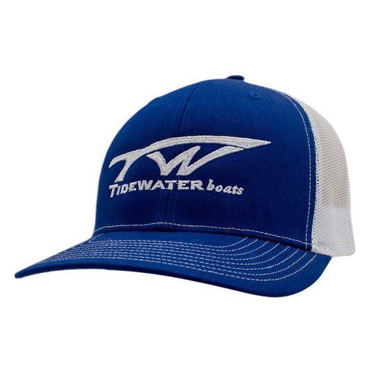 Blue and white mesh trucker cap with a white Tidewater Boats logo sewn across the front.