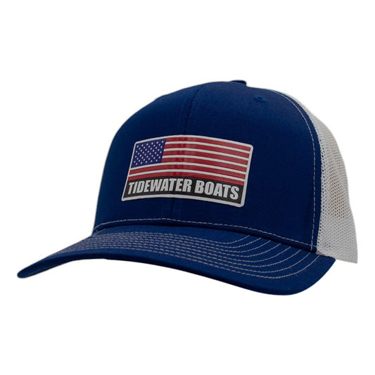 Blue and white cap featuring an American flag patch and the text 'Tidewater Boats'.
