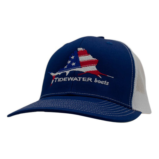 Blue and white mesh cap with Tidewater boats logo featuring an American flag fish design.
