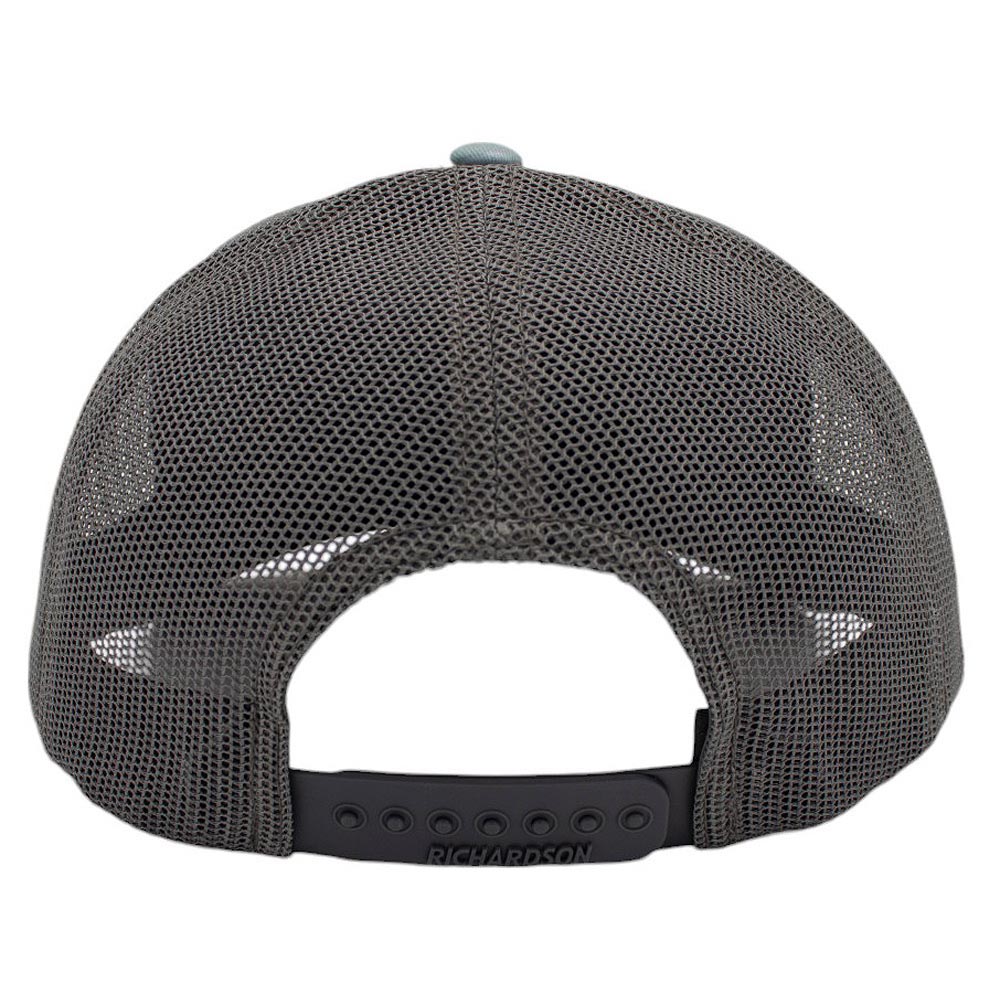 Back view of a gray mesh cap with a snapback closure.