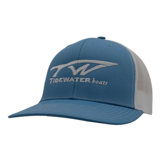 A light blue mesh-back cap with a white Tidewater Boats logo across the front.