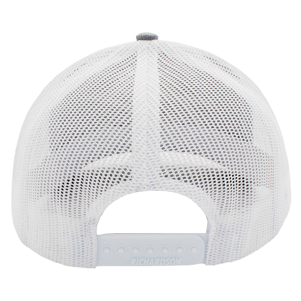 White mesh cap with an adjustable snapback closure.
