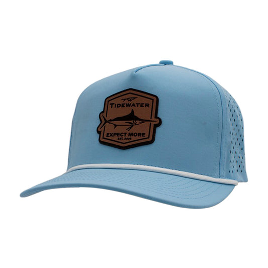 Light blue baseball cap with a brown logo patch and a white rope across the front.
