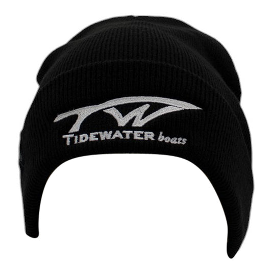 Black knit beanie with Tidewater boats logo sewn on the cuff.