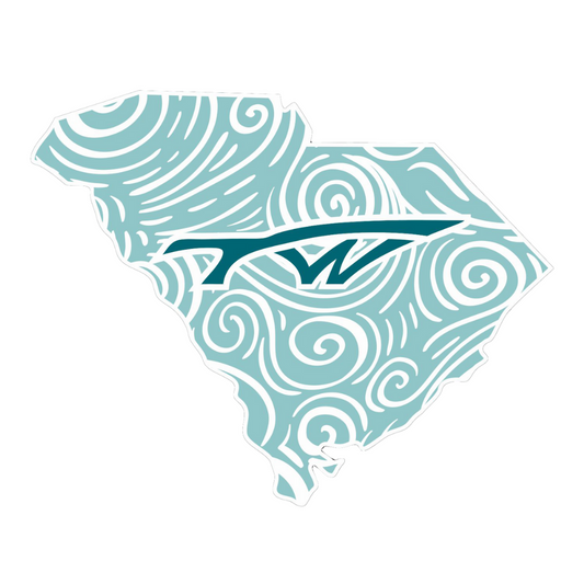 Teal blue decal of the state of South Carolina with a swirling pattern and the tidewater logo in the center.