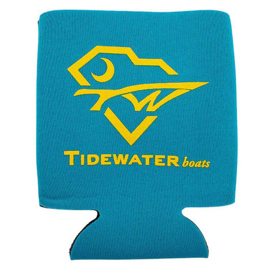 Blue beverage koozie with a yellow Tidewater boats logo