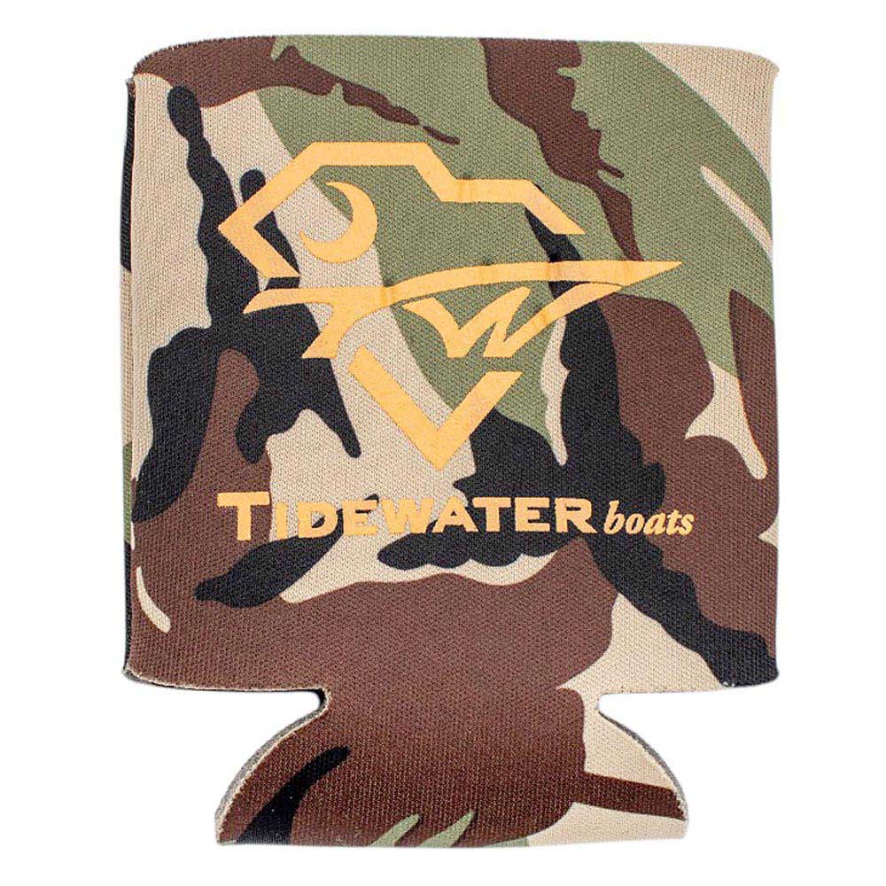 Camo-patterned can coozie with an orange Tidewater boats logo
