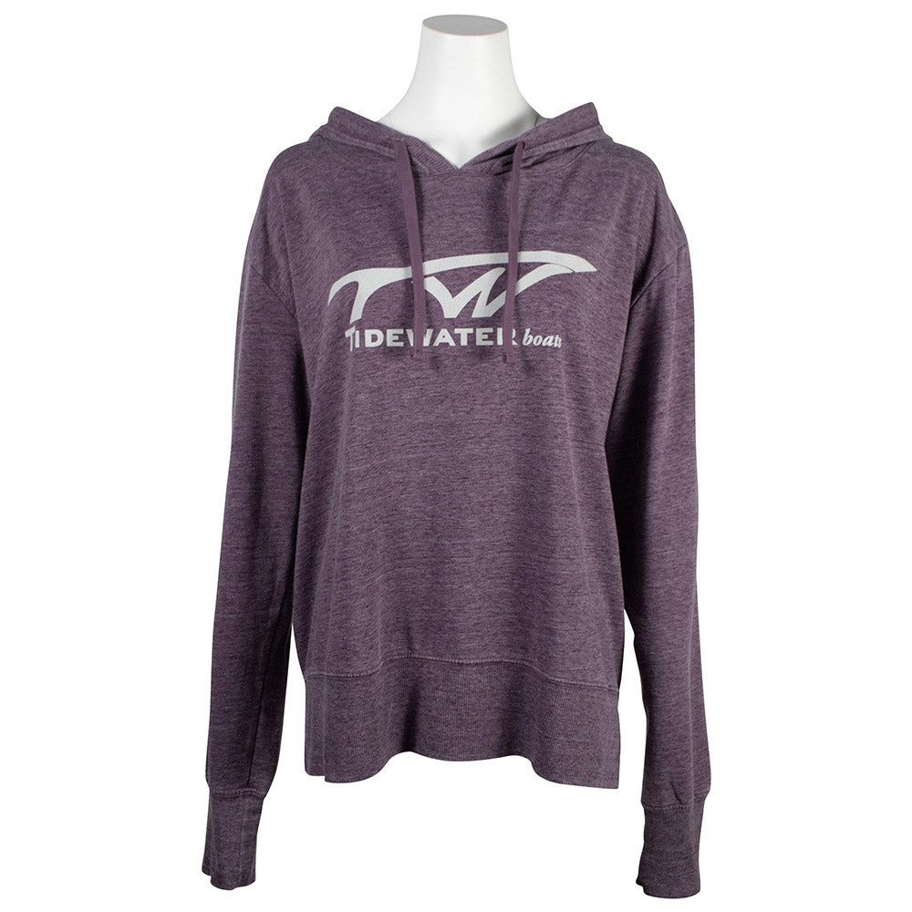 Purple lady's hooded sweatshirt with a white tidewater logo.