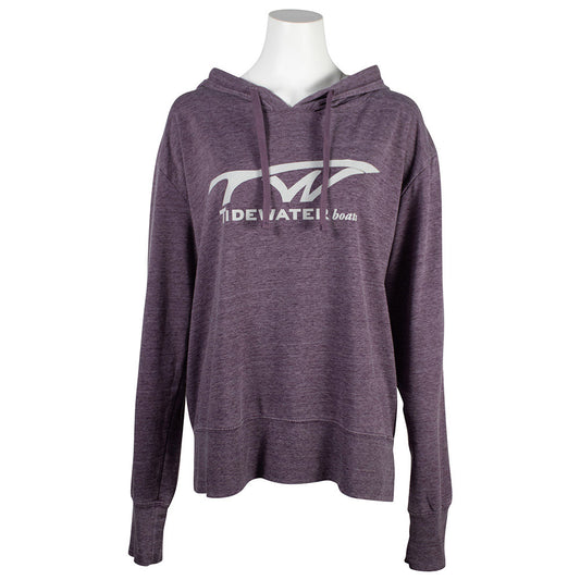 Purple lady's hooded sweatshirt with a white tidewater logo.